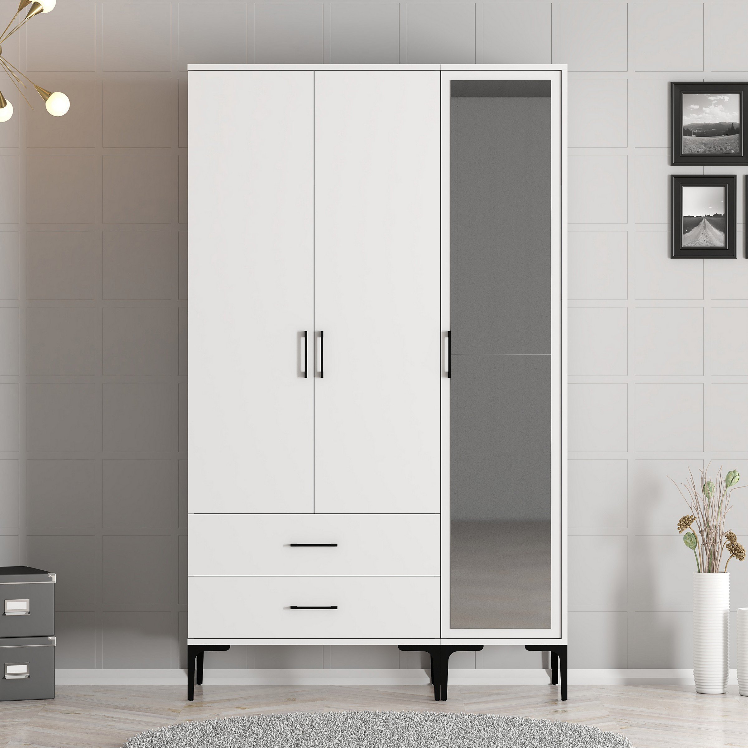 Kumsal 3 Kapılı (RT) Gardırop - Beyaz / Beyaz