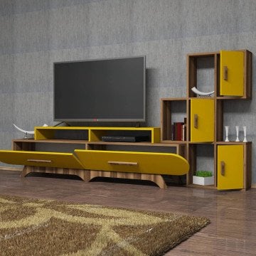 Variant Flora Duvar Raflı Tv Ünitesi Ceviz - Sarı