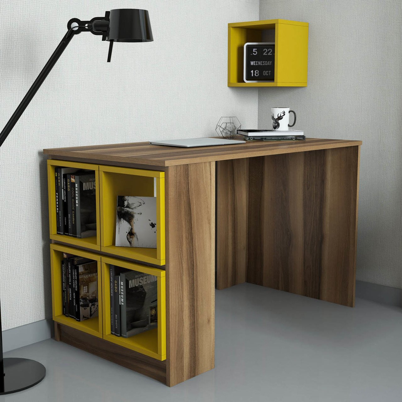Box Çalışma Masası - Ceviz / Sarı