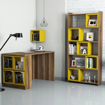 Box Çalışma Masası Ve Kitaplık Takımı - Ceviz / Sarı