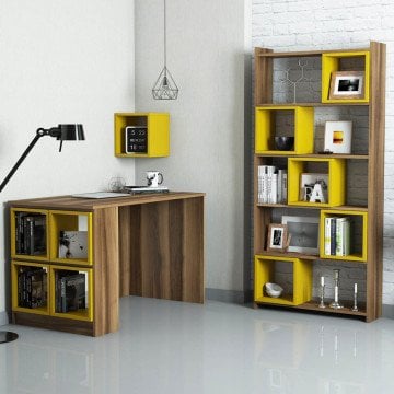 Box Çalışma Masası Ve Kitaplık Takımı - Ceviz / Sarı