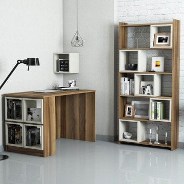 Box Çalışma Masası Ve Kitaplık Takımı - Ceviz / Beyaz