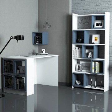 Box Çalışma Masası Ve Kitaplık Takımı - Beyaz / Mavi