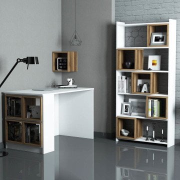 Box Çalışma Masası Ve Kitaplık Takımı - Beyaz / Ceviz