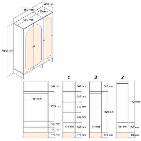 Münih 3 Kapılı (13) - Gardırop - Krem / Traverten