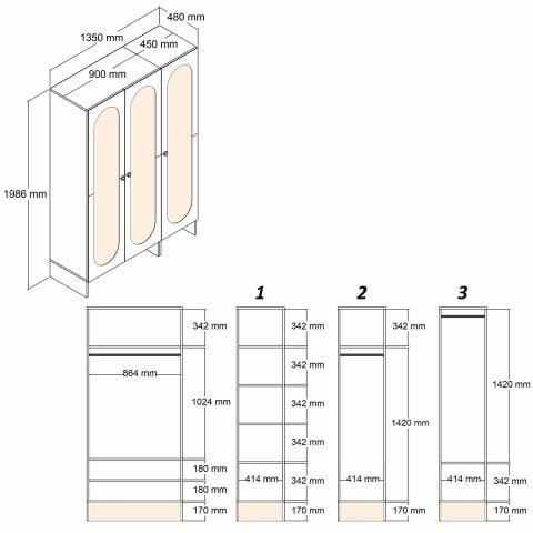 Münih 3 Kapılı (23) - Gardırop - Krem / Traverten