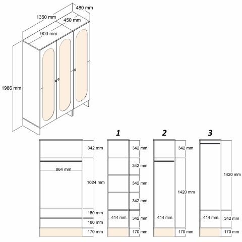 Münih 3 Kapılı (24) - Gardırop - Krem / Traverten