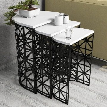Stil Metal Ferforje 3Lü Zigon Sehpa - Beyaz