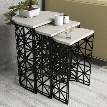 Stil Metal Ferforje 3Lü Zigon Sehpa - Krem