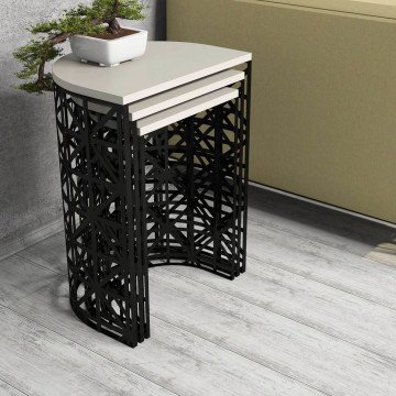 Stil Metal Ferforje 3Lü Zigon Sehpa - Krem