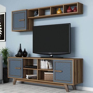 Ayla Tv Ünitesi Ve Orta Sehpa Takımı - Ceviz / Mavi