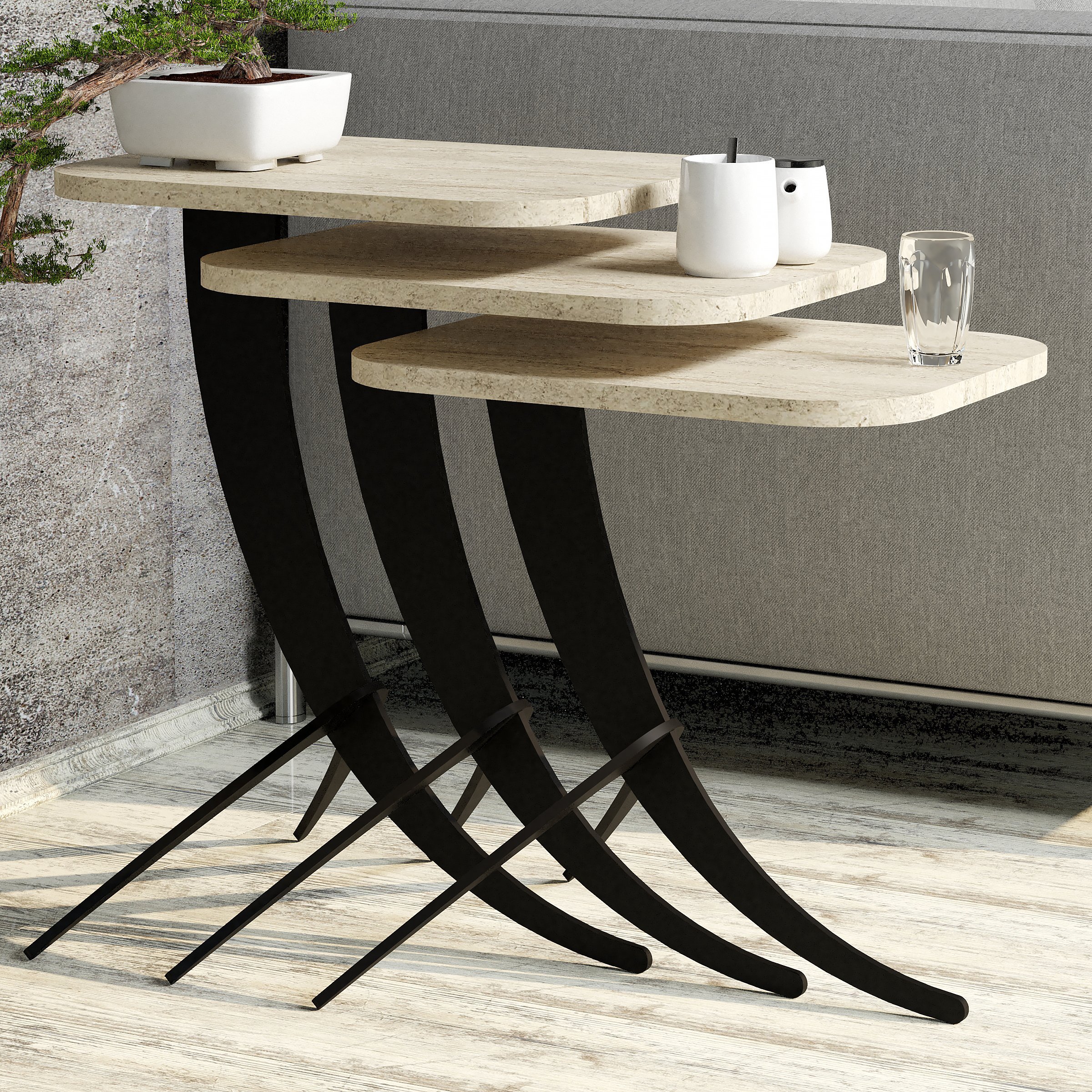 Pion Metal Ayaklı 3 Lü Zigon Sehpa - Traverten