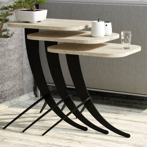 Pion Metal Ayaklı 3 Lü Zigon Sehpa - Traverten