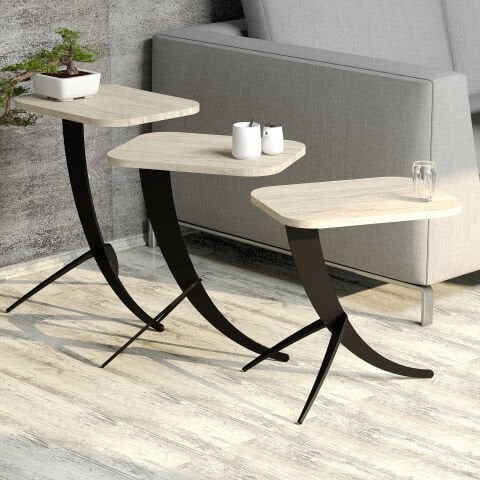 Pion Metal Ayaklı 3 Lü Zigon Sehpa - Traverten