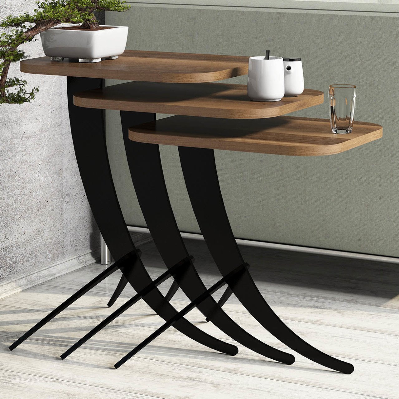 Pion Metal Ayaklı 3 Lü Zigon Sehpa - Ceviz