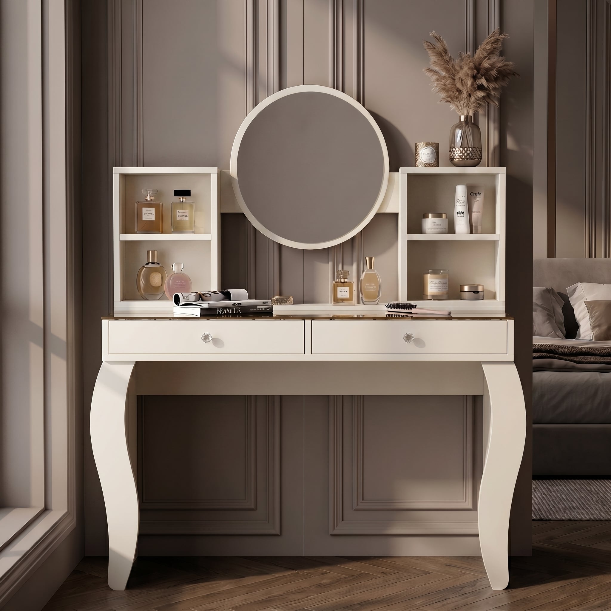Lotus Camlı Aynalı Makyaj Masası - Krem