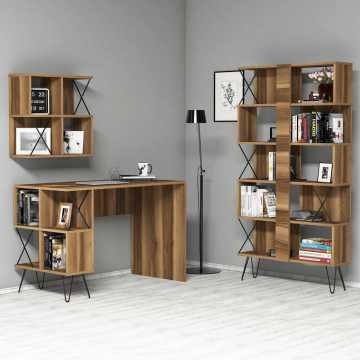 Extra Duvar Raflı Çalışma Masası Ve Kitaplık Takımı - Ceviz