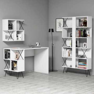 Extra Duvar Raflı Çalışma Masası Ve Kitaplık Takımı - Beyaz
