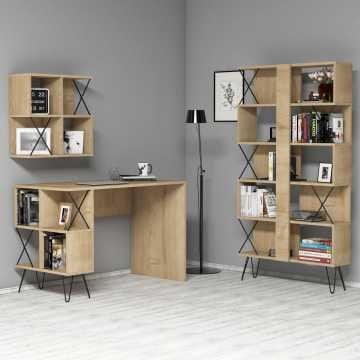 Extra Duvar Raflı Çalışma Masası Ve Kitaplık Takımı - Meşe
