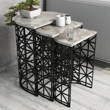 Stil Metal Ferforje 3Lü Zigon Sehpa - Beyaz Mermer