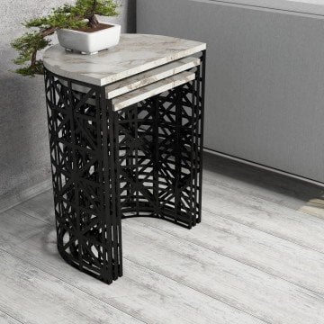 Stil Metal Ferforje 3Lü Zigon Sehpa - Beyaz Mermer
