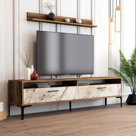 İstanbul TV Ünitesi Ve Orta Sehpa Takımı - Ceviz / Beyaz Mermer