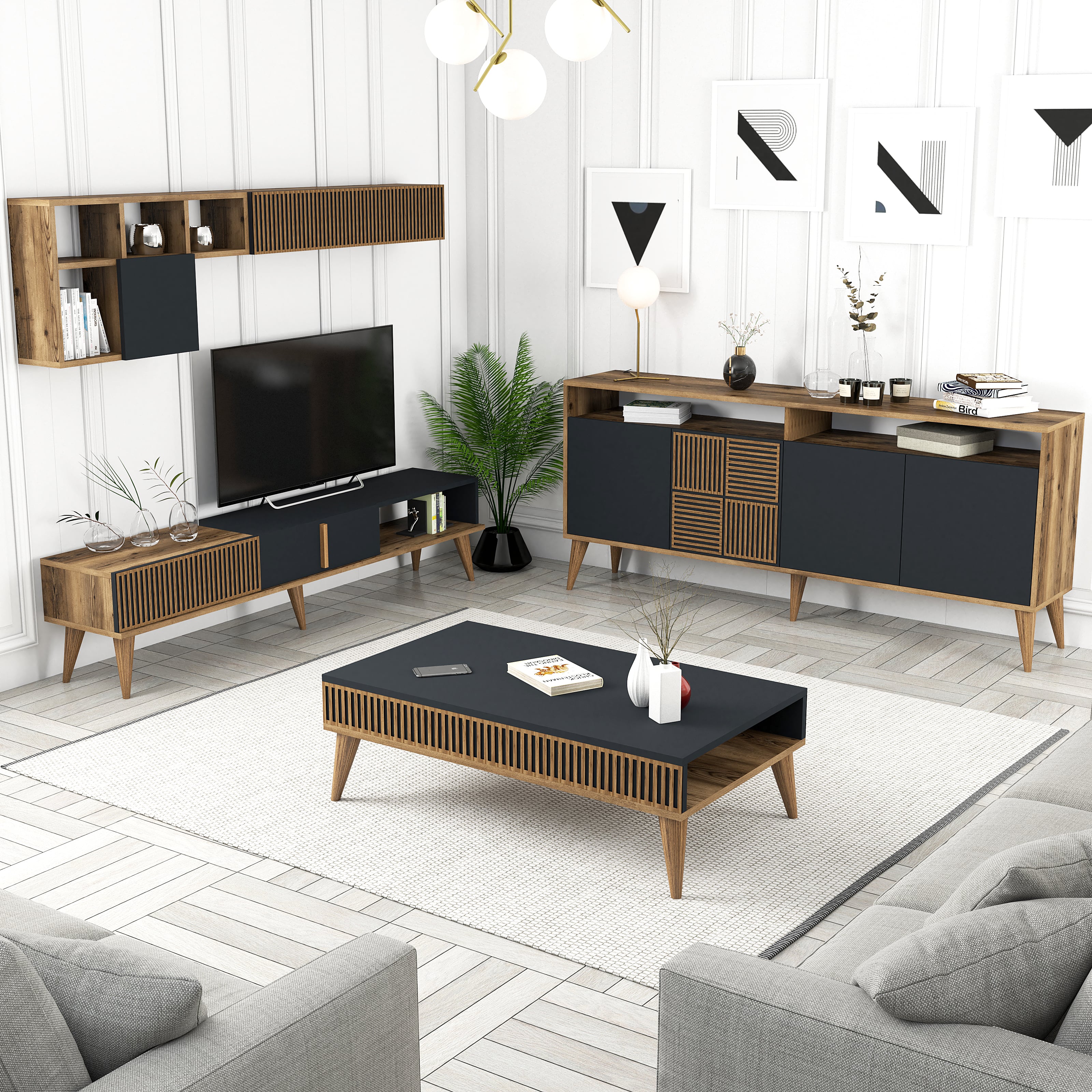 Milan 3'lü Salon Takımı - Ceviz / Antrasit
