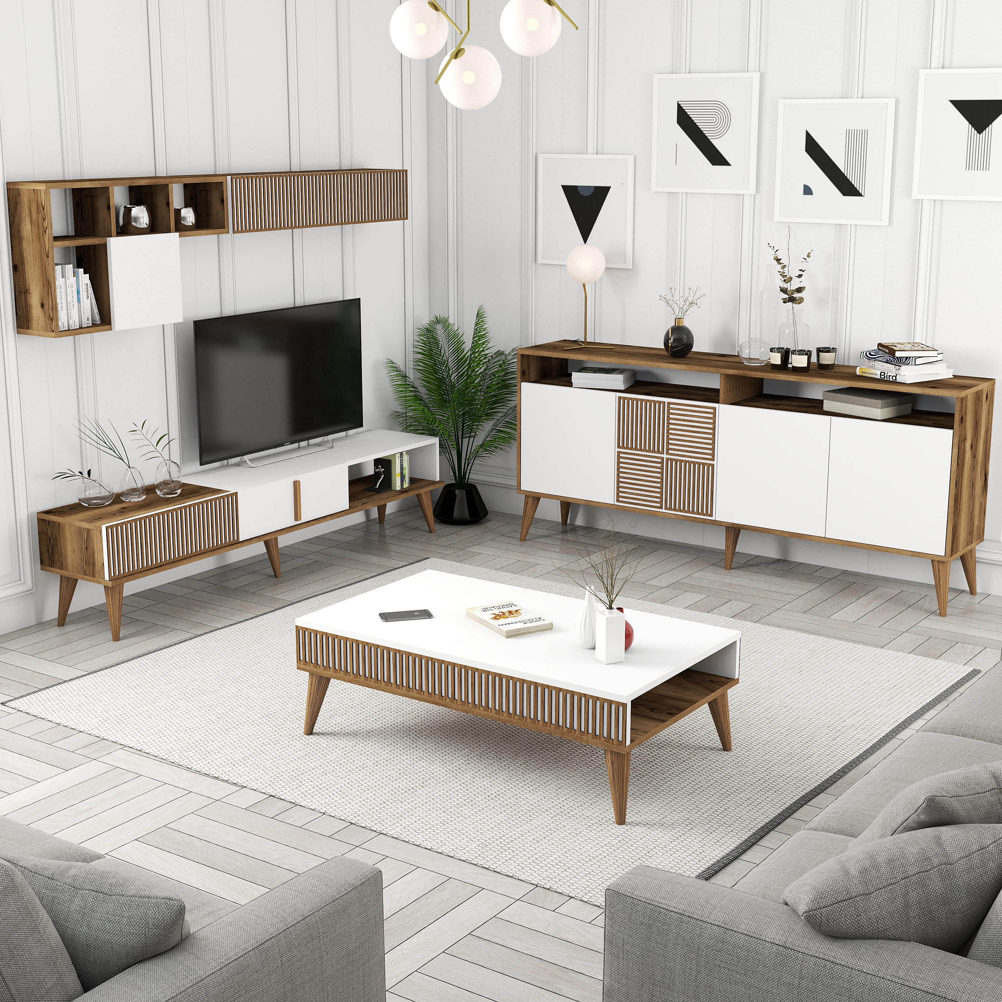 Milan 3'lü Salon Takımı - Ceviz / Beyaz