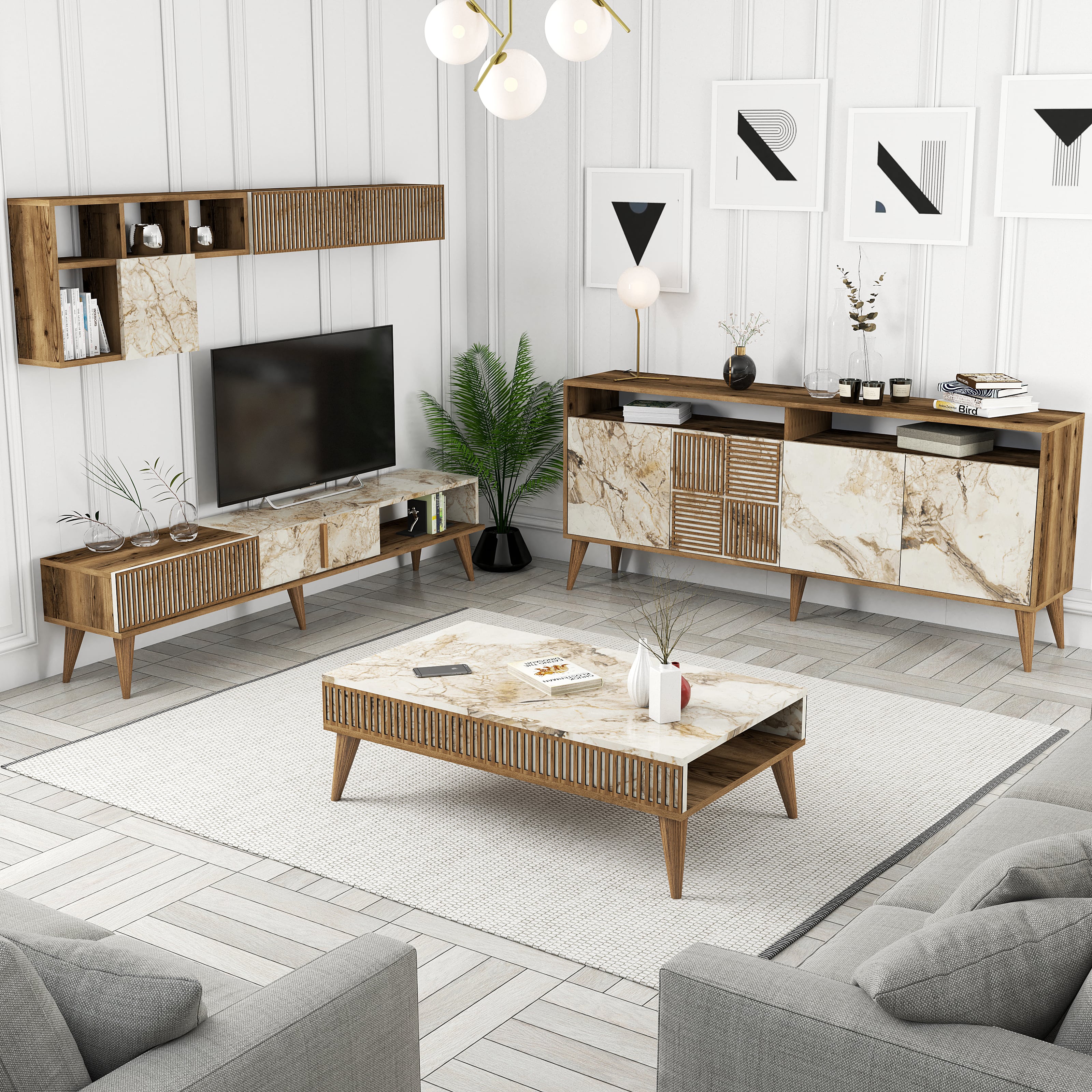 Milan 3'lü Salon Takımı - Ceviz / Beyaz Mermer