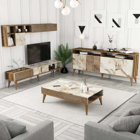Milan 3'lü Salon Takımı - Ceviz / Beyaz Mermer
