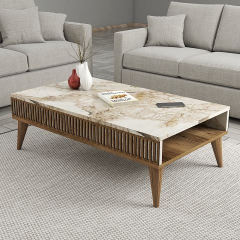 Milan 3'lü Salon Takımı - Ceviz / Beyaz Mermer