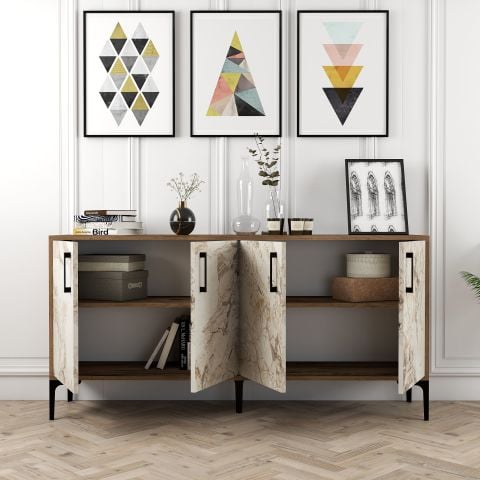 Kiev 160 cm Konsol - Ceviz / Beyaz Mermer