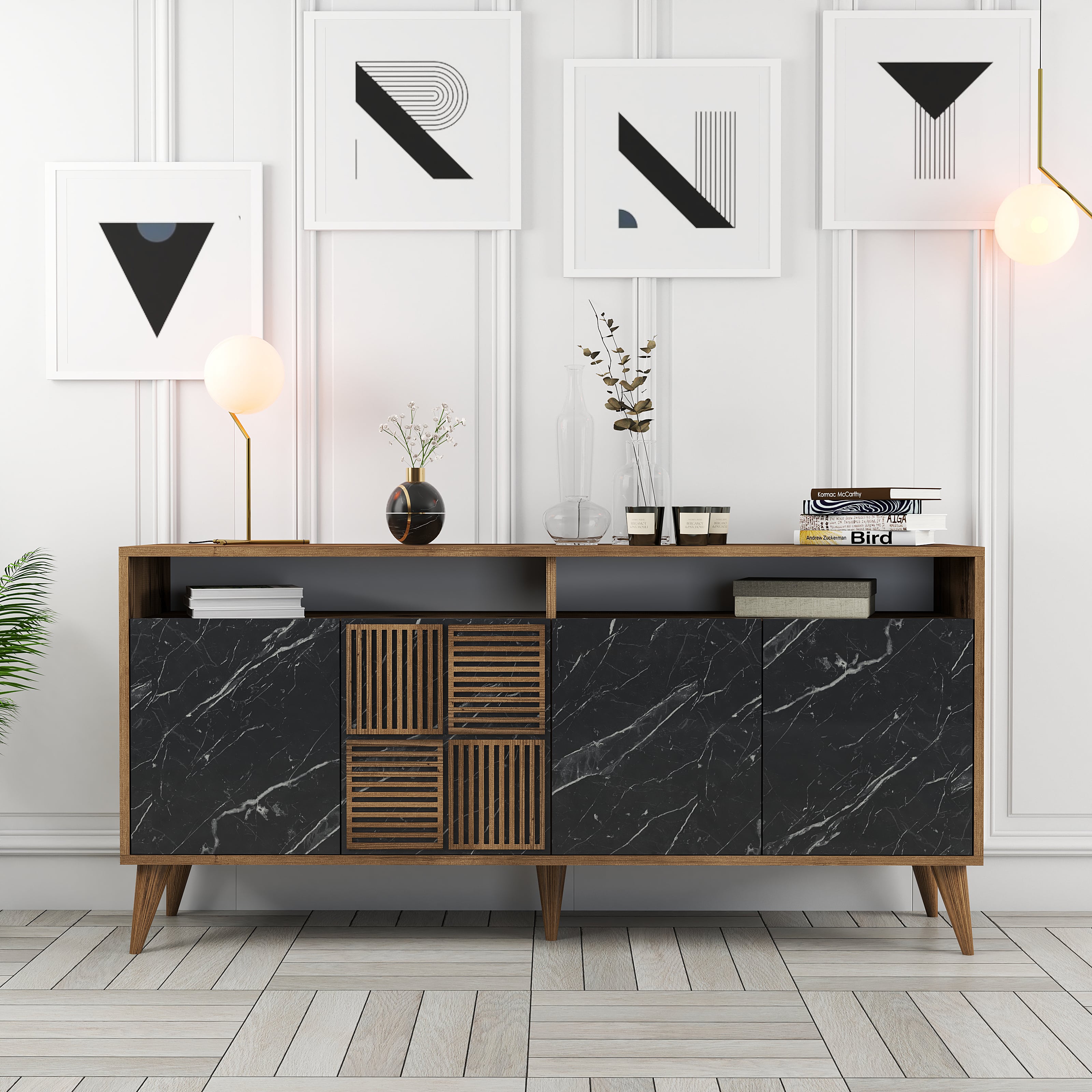 Milan 160 cm Konsol - Ceviz / Siyah Mermer