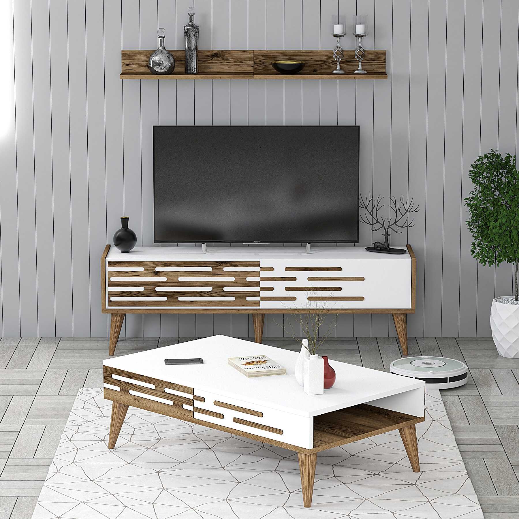 Variant Valensiya 140Cm Tv Ünitesi Ve Orta Sehpa Takımı - Ceviz / Beyaz