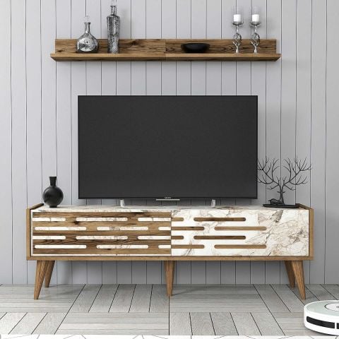 Variant Valensiya 140Cm Tv Ünitesi Ve Orta Sehpa Takımı - Ceviz / Beyaz Mermer