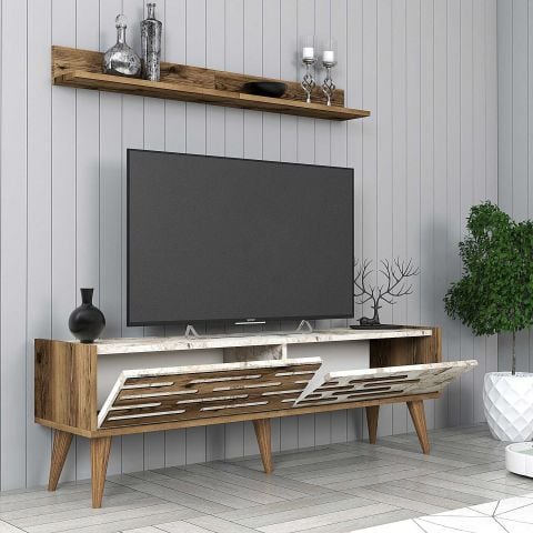 Variant Valensiya 140Cm Tv Ünitesi Ve Orta Sehpa Takımı - Ceviz / Beyaz Mermer